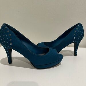 Impo Teal Suede Peep-Toe Heels with Studded Detail
